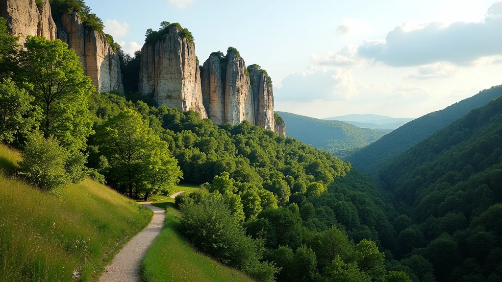 Dramatic sandstone rock formations rising above a forested valley with a winding path visible below