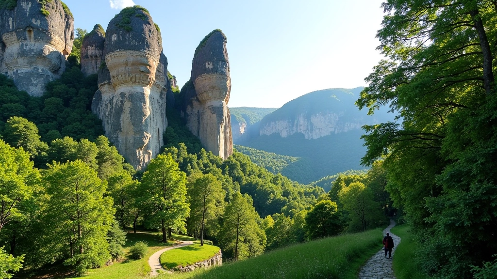 Towering sandstone rock formations in Bohemian Paradise with lush green forest at the base and a clear walking path winding through the landscape