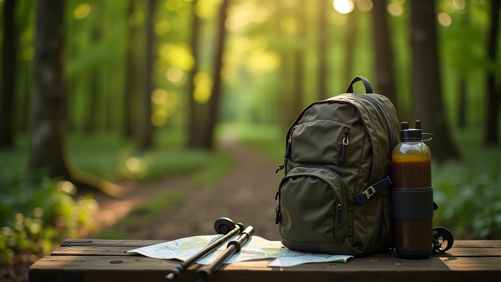 Hiker's backpack and walking poles resting on a wooden bench in forest, with water bottle and trail map visible