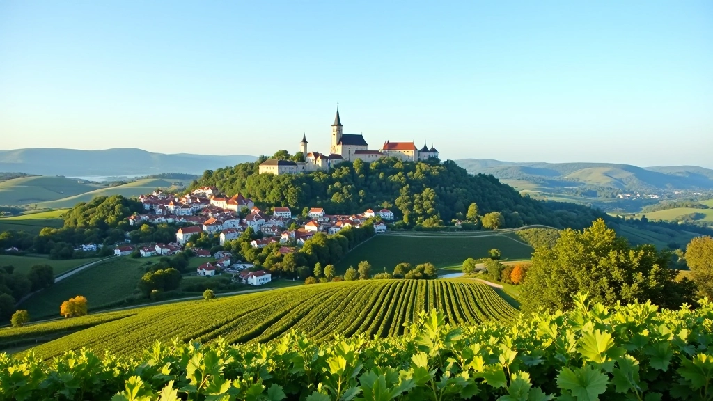 Panoramic view of Mikulov castle perched on hilltop above medieval town with vineyard terraces in foreground and green countryside extending to horizon