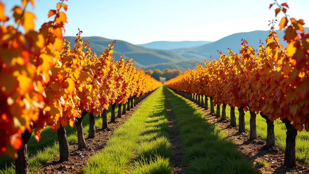 Autumn vineyard landscape with golden and red grape leaves, harvest baskets stacked at vineyard end, blue sky and white clouds above rolling hills