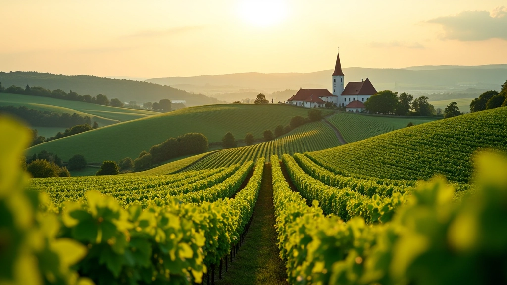 Vineyard rows on gently rolling hillside with green grape vines and a distant village church steeple