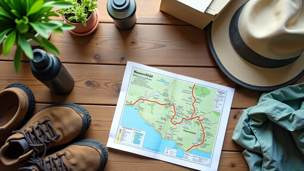 Overhead view of hiking backpack, water bottle, sun hat, and walking shoes arranged on wooden table with vineyard landscape photo in background