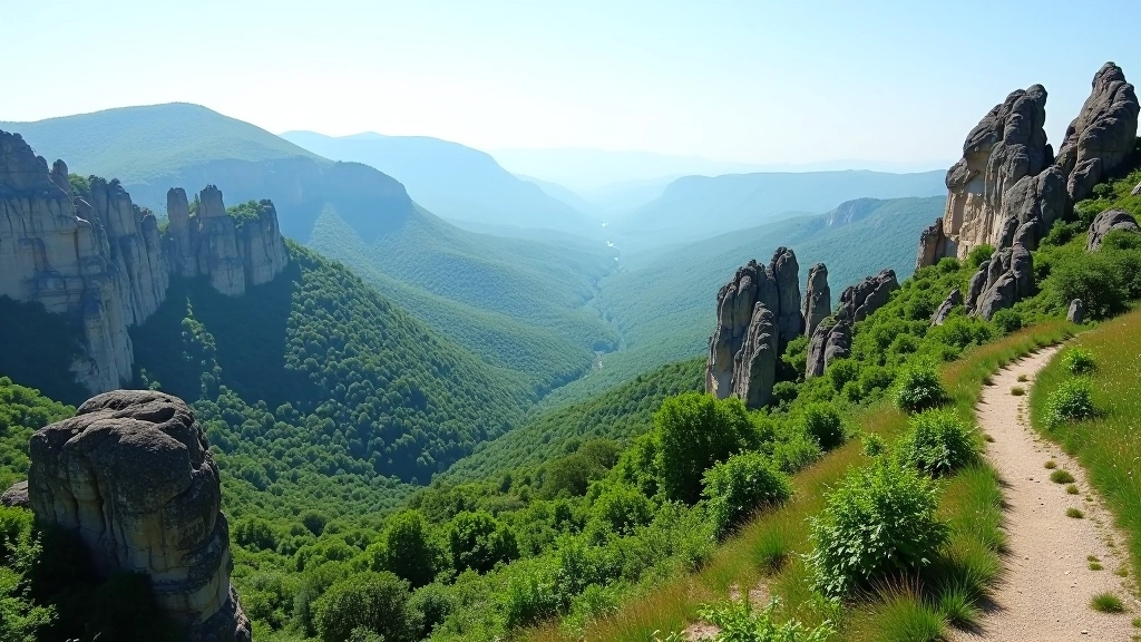 Panoramic view of Bohemian Paradise landscape showing multiple sandstone rock towers, rolling forested hills, and a winding valley path visible in the distance under clear blue sky