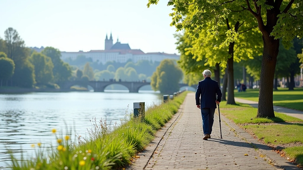 Riverside walkway with clear sky, distant Prague Castle on hillside, peaceful water and well-maintained paved path, afternoon light