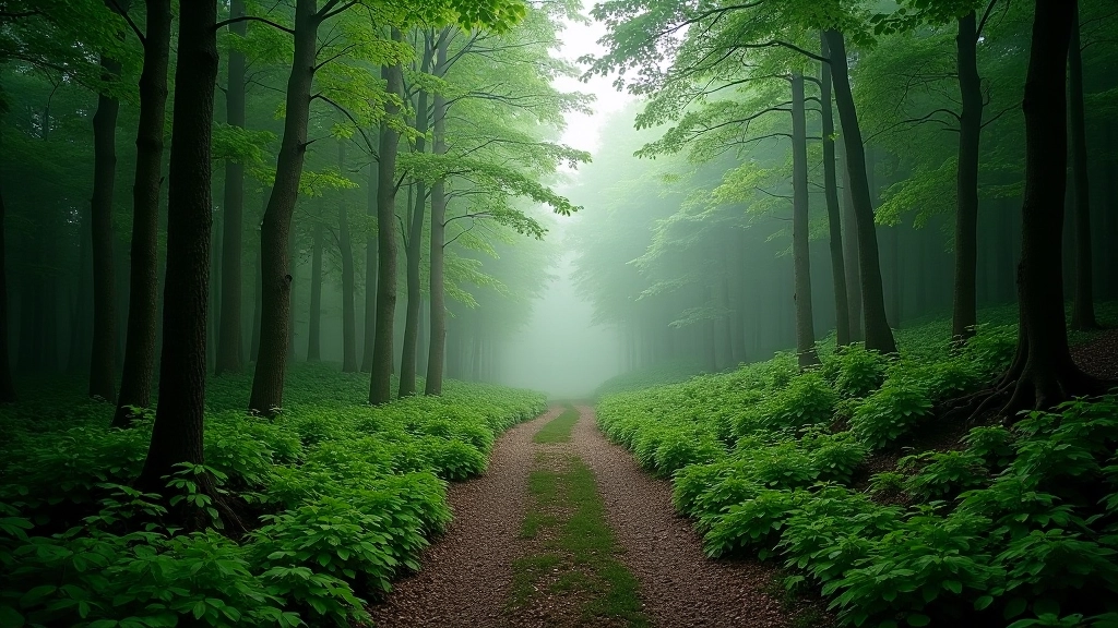 Scenic view of Šumava forest with green trees and peaceful woodland landscape, clear hiking trail visible