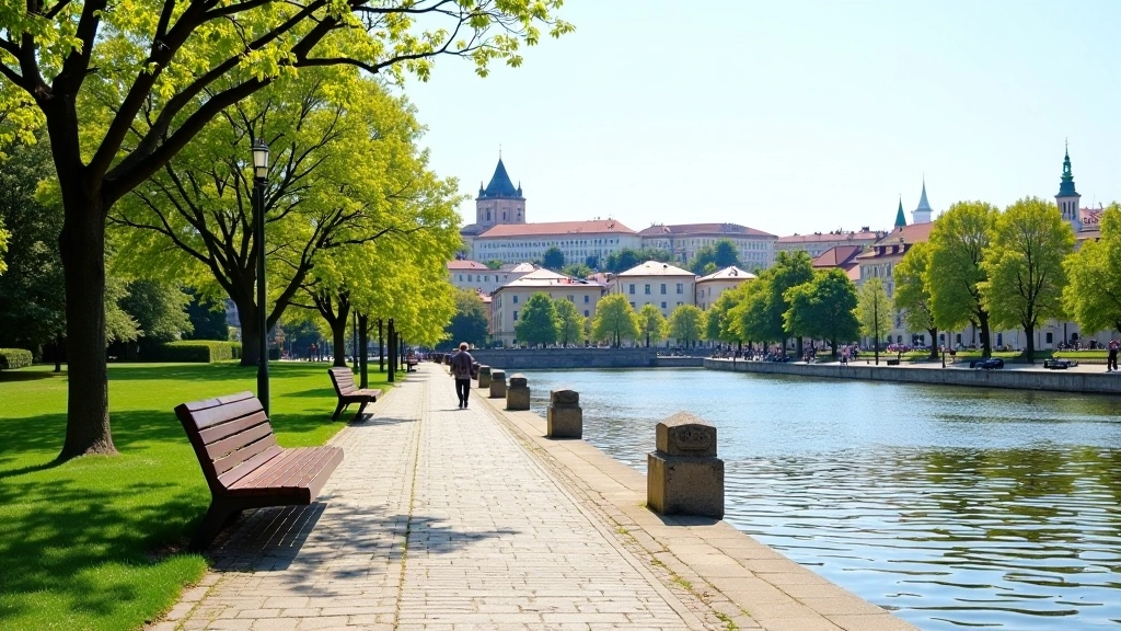 Scenic riverside path with benches along the Vltava River, Prague skyline visible in the distance, peaceful water reflection