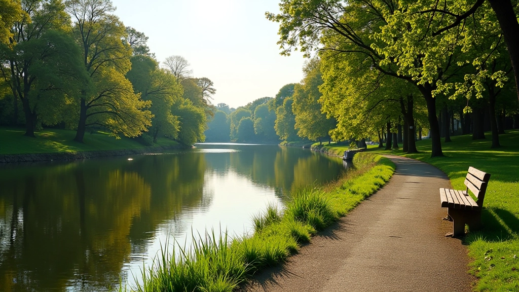 Peaceful river scene with reeds along the bank, calm water reflecting trees, and a wooden bench in foreground