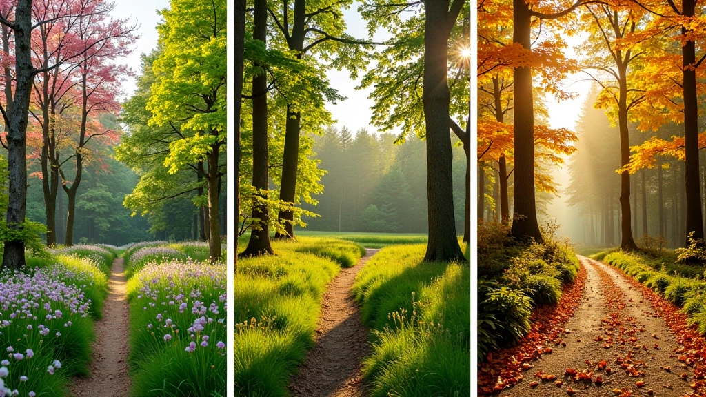 Forest path in different seasons showing spring flowers, summer greenery, autumn colors, and winter snow coverage