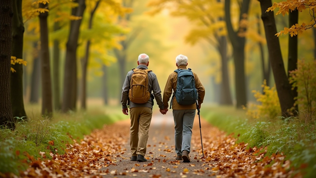 Senior hikers walking on a flat forest path with autumn leaves and dappled sunlight, smiling and relaxed