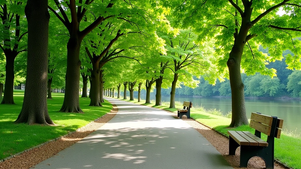 Shaded riverside path with trees overhead, benches for resting, clear walking surface, water visible through foliage, peaceful atmosphere