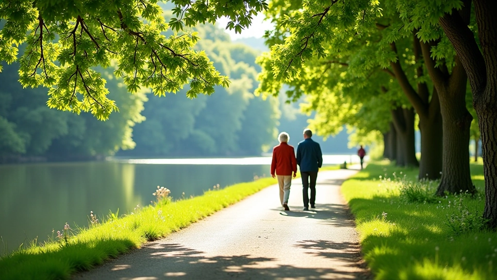 Couple walking on flat riverside path with trees lining both sides, dappled sunlight on the paved walkway, peaceful natural setting