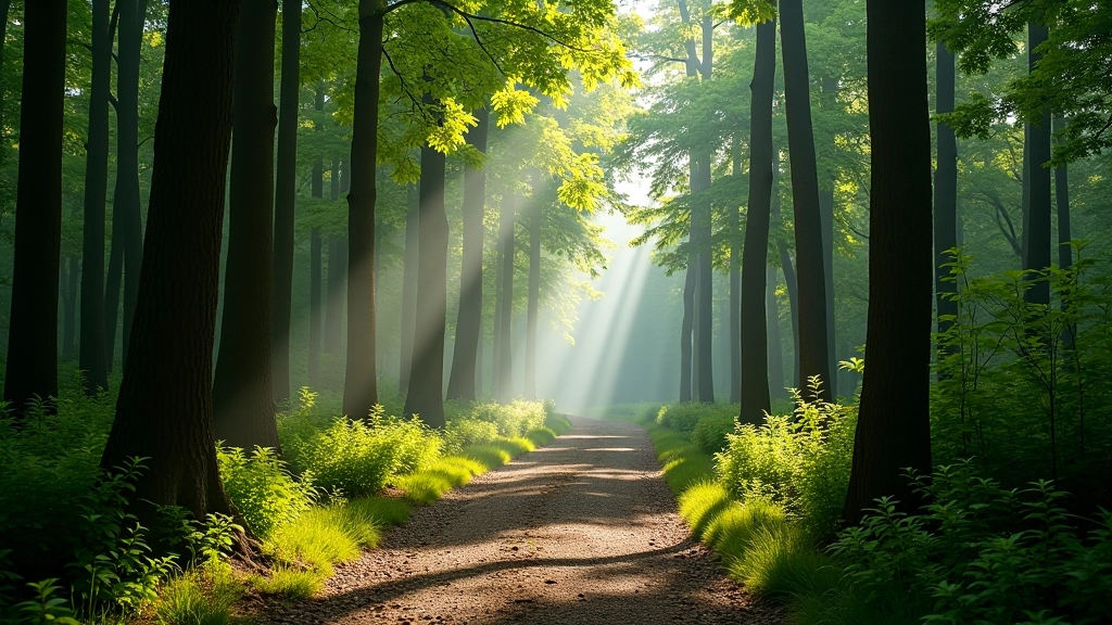 Misty forest path with tall trees and dappled light filtering through the canopy