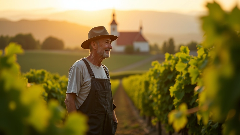 Vineyard worker tending grapevines on rolling hillside during golden afternoon light with distant village visible