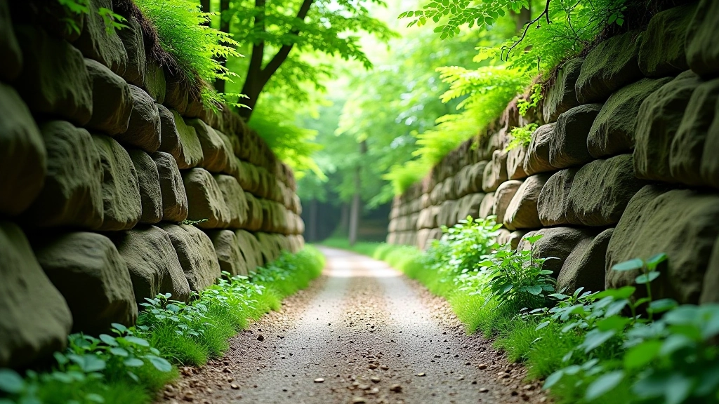 Close-up of a well-maintained gravel walking path winding between tall sandstone rock walls with green moss and vegetation, dappled sunlight filtering through trees