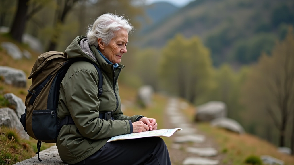 A senior woman in proper hiking gear sitting on a bench along a rock trail, looking at a map, water bottle visible on the bench beside her, scenic rock formations in background
